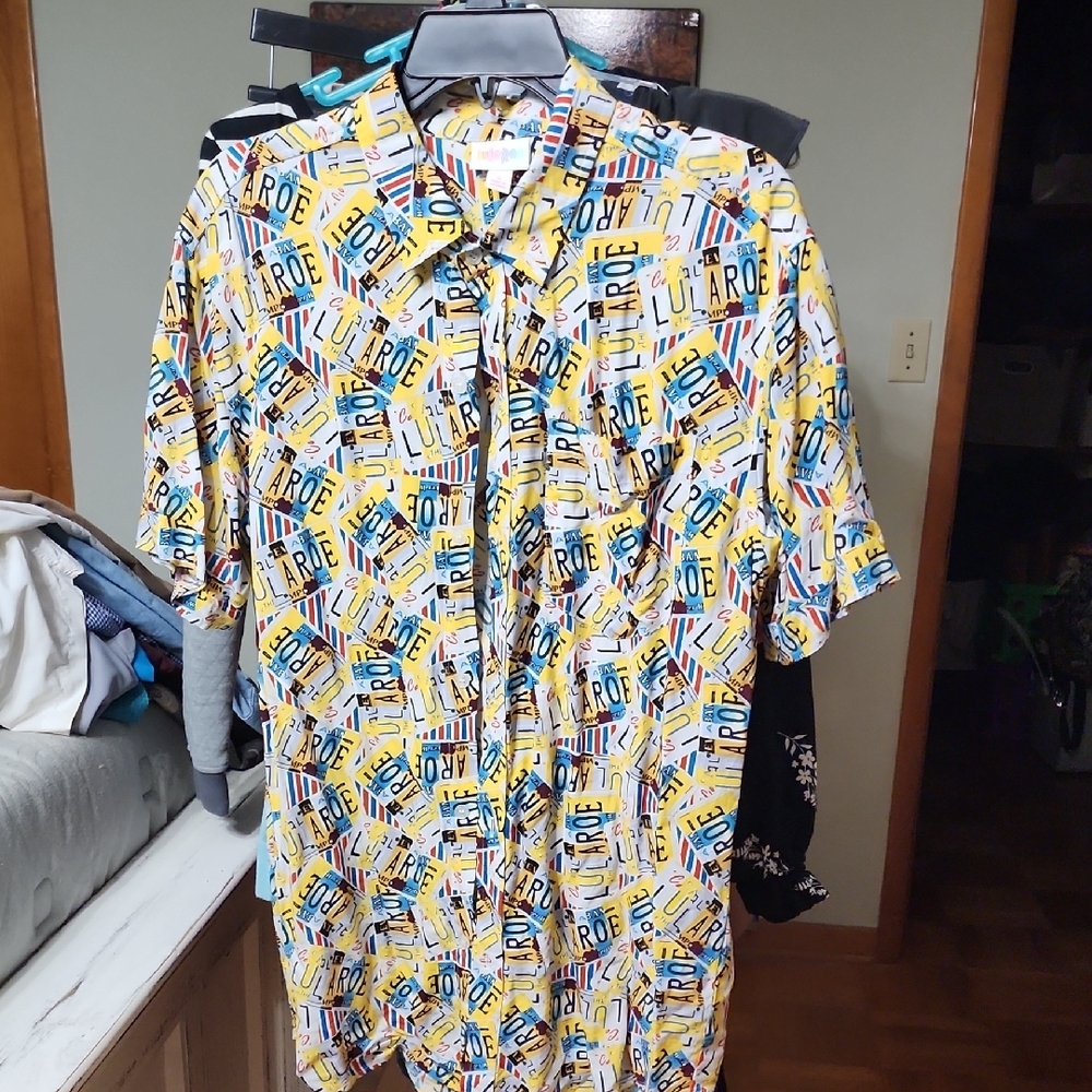 LuLaRoe Yellow and Blue Casual Button Down Shirt